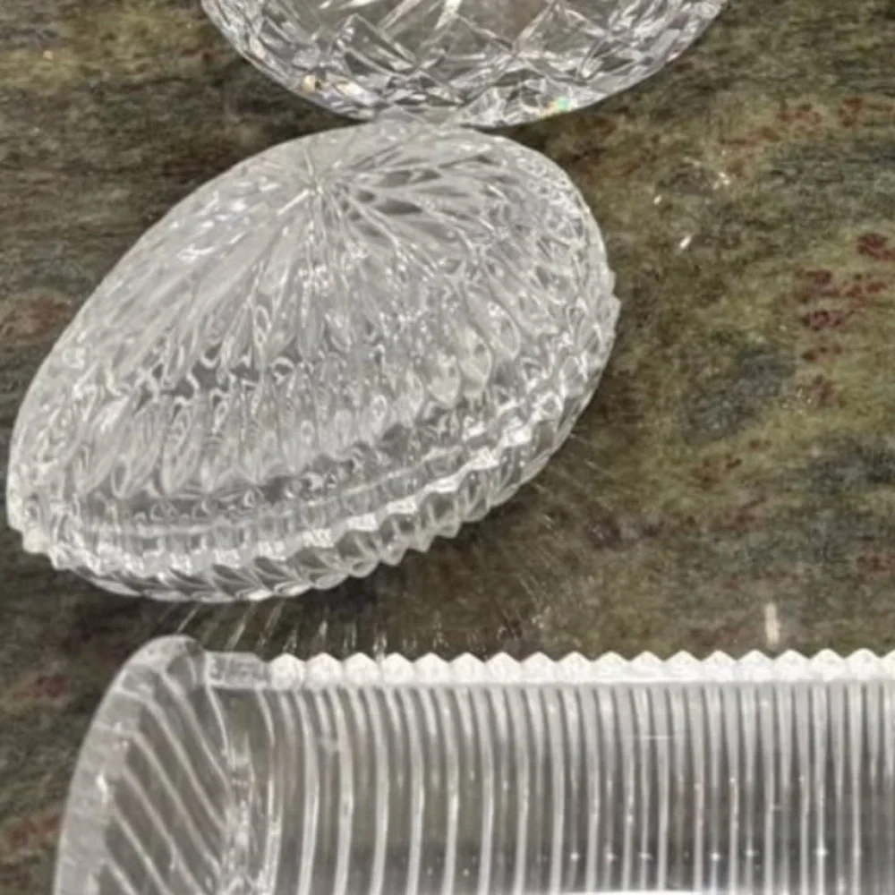 Vintage Clear Cut Crystal Egg‎ Shaped Trinket Jewelry Box Lidded Dish Sunburst